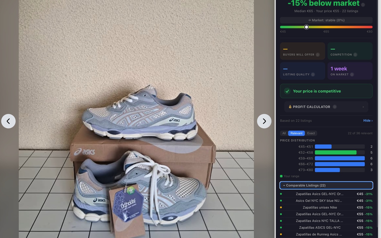 Asics GEL-NYC listing with Marketplace Intel overlay showing -15% below market with 22 comparable listings