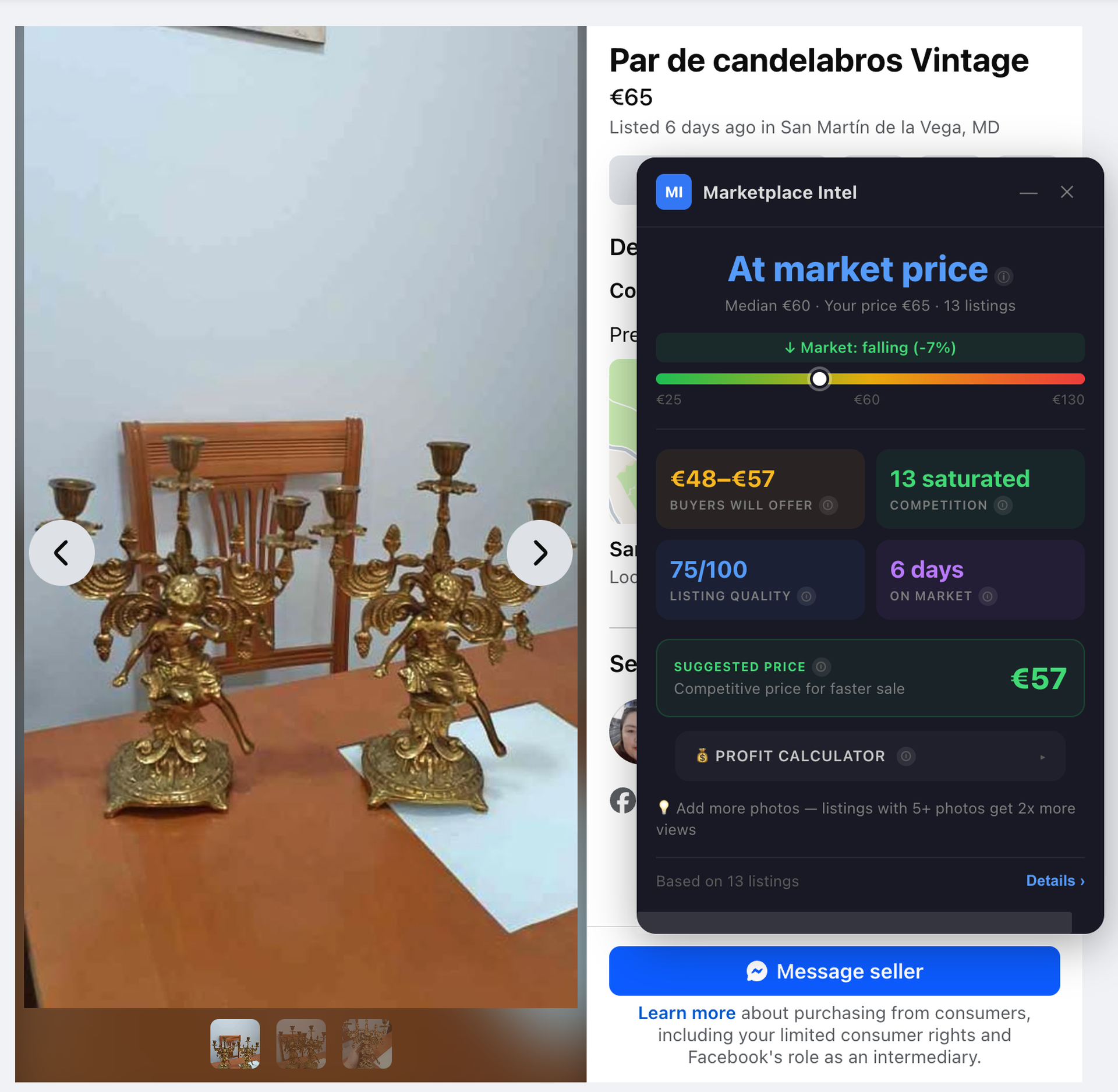 Vintage candelabros listing at €65 with Marketplace Intel overlay showing At market price, median €60, buyers will offer €48-€57, 13 saturated competition, listing quality 75/100, 6 days on market, suggested price €57