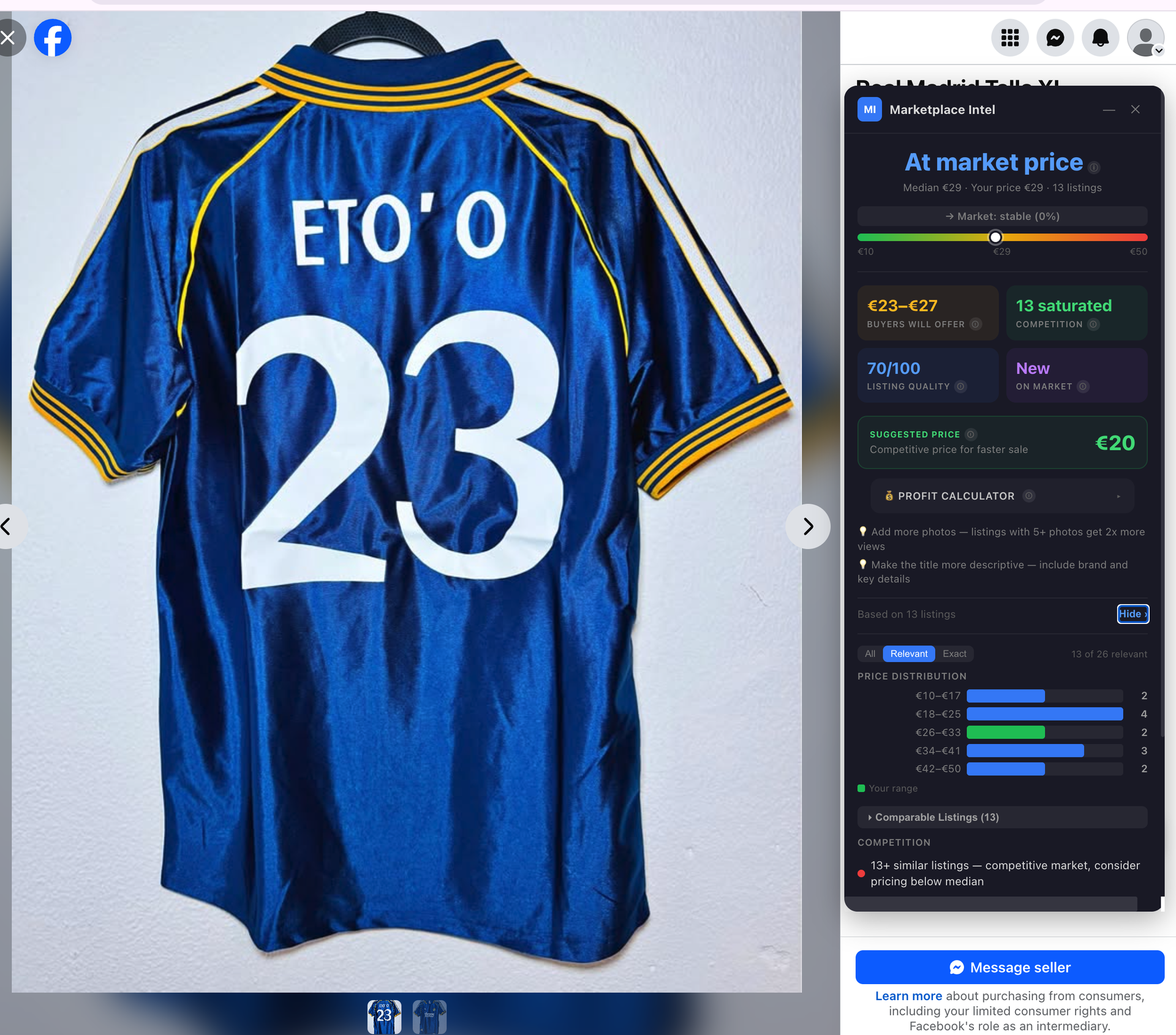 Football jersey listing with Marketplace Intel overlay showing At market price, suggested price €20, 13 comparable listings, price distribution chart, and comparable listings section