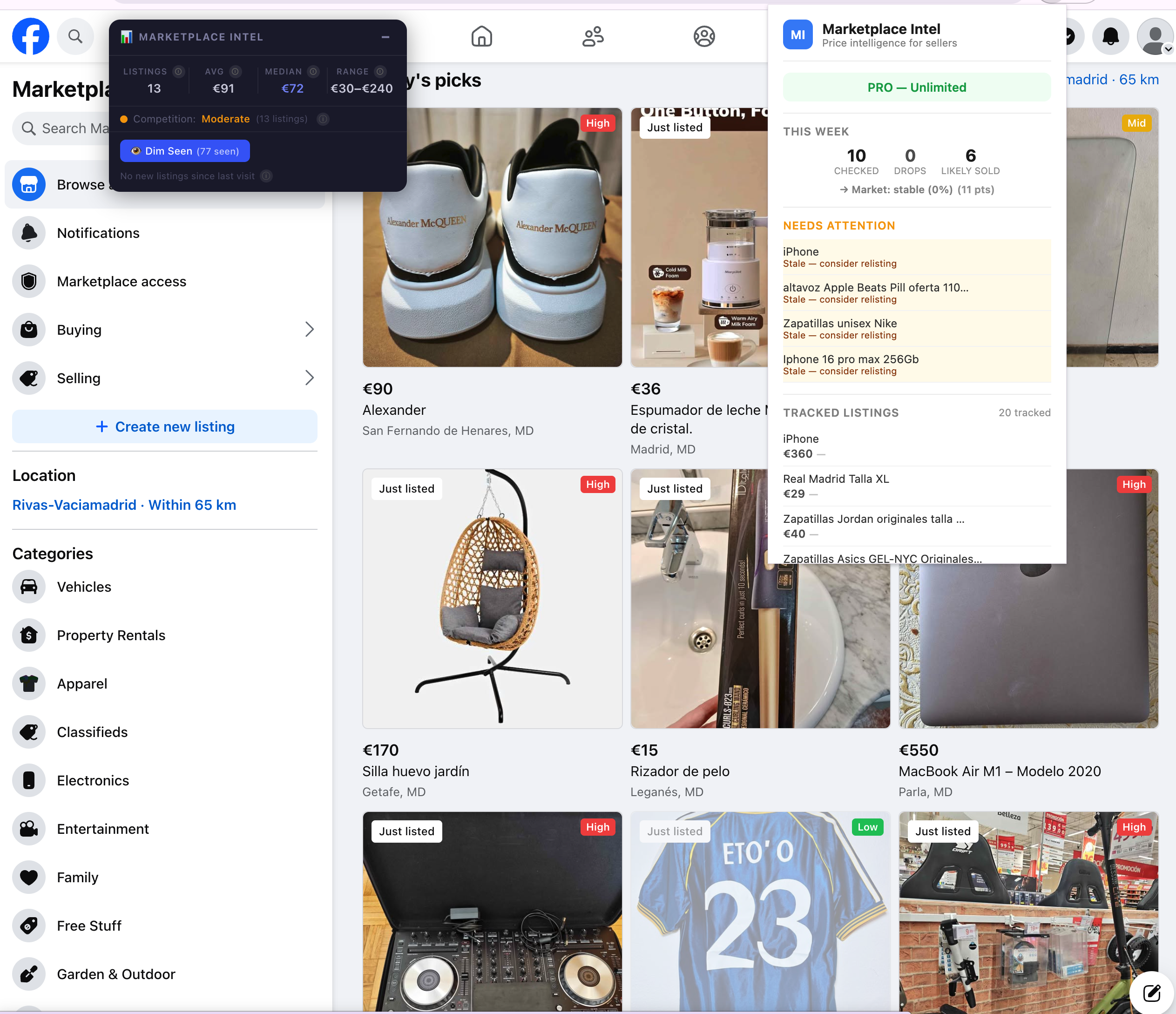 Facebook Marketplace search page with Marketplace Intel toolbar showing stats, price badges on listings, and popup with tracked listings